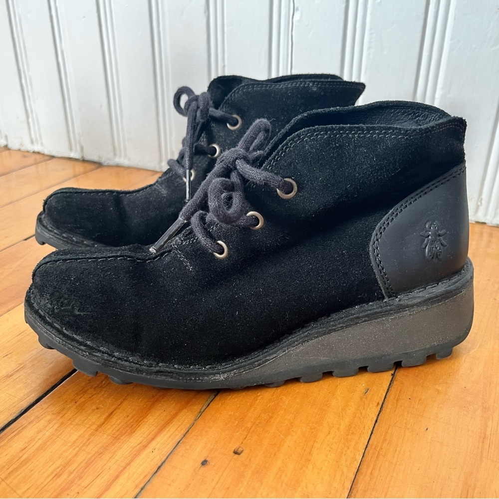 Fly London Black Suede Lace-Up Wedge Ankle Boots